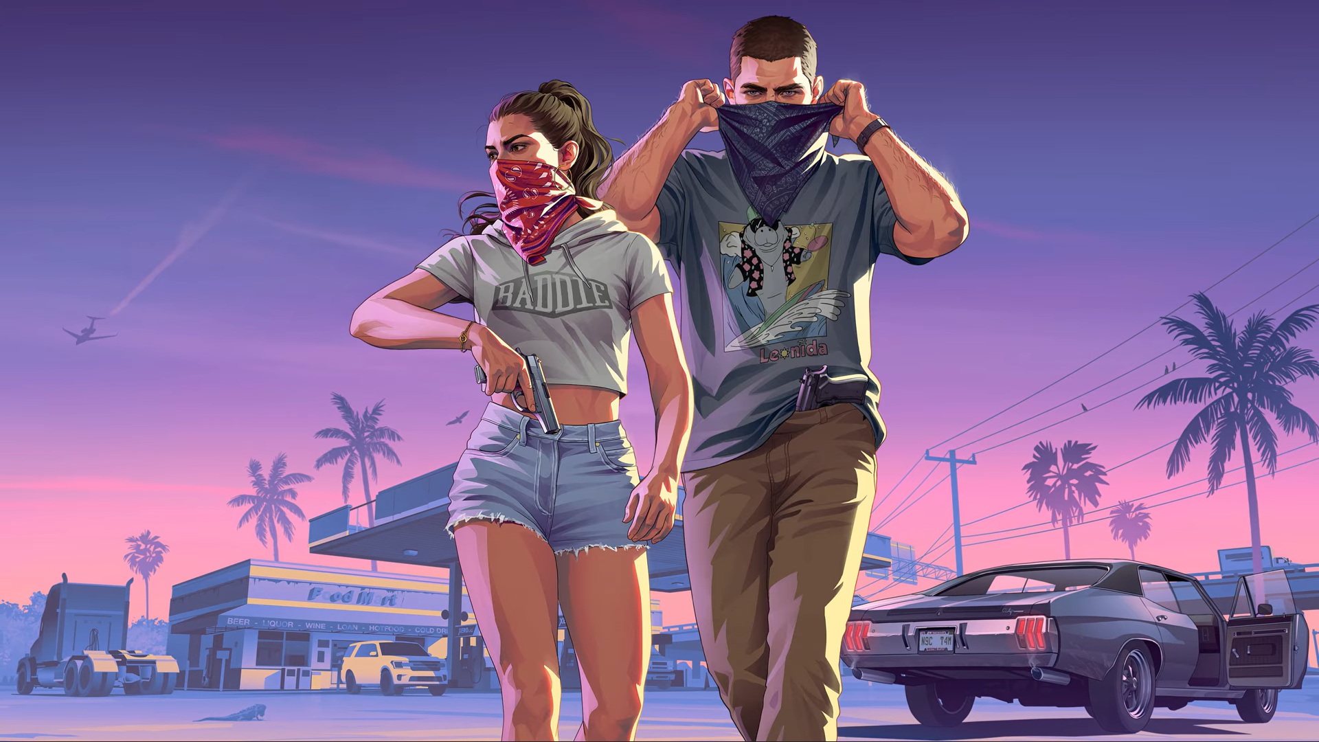 Lucia e Jason, protagonistas de GTA 6, caminham mascarados diante de um carro em Vice City.