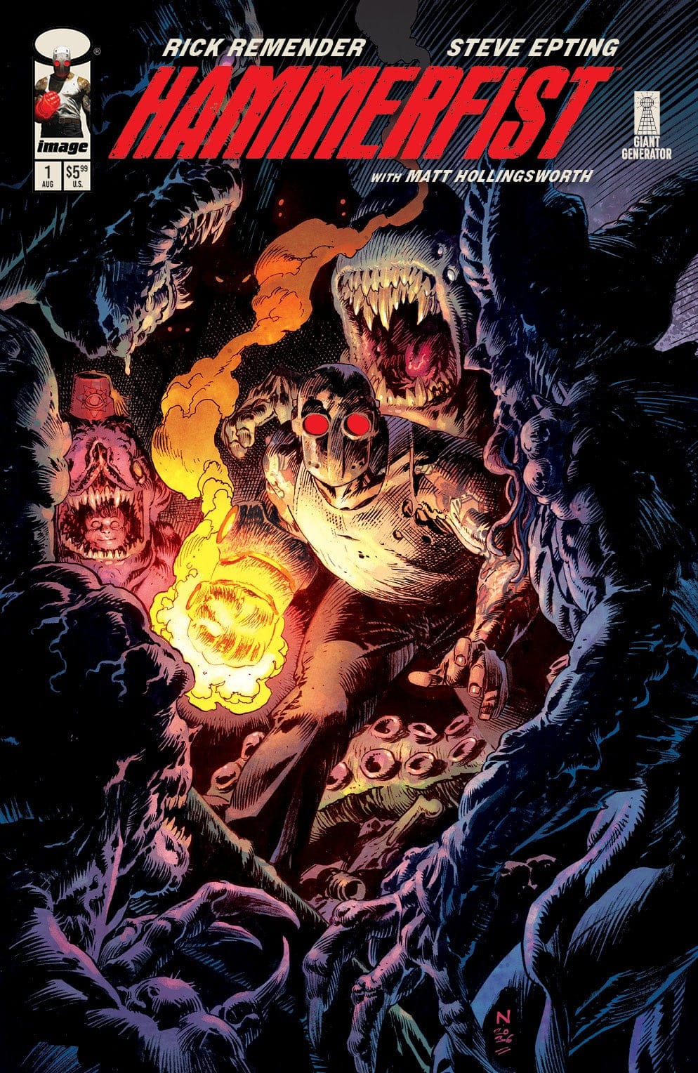 Capa de Hammerfist #1 mostra o protagonista com o punho em chamas entre criaturas.