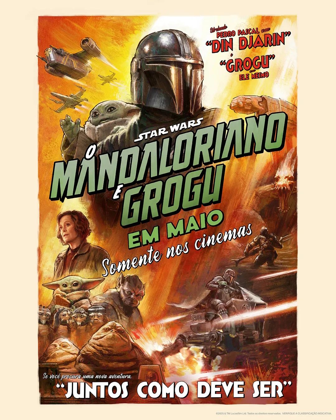Cartaz oficial de O Mandaloriano e Grogu com Din Djarin e Grogu em destaque.