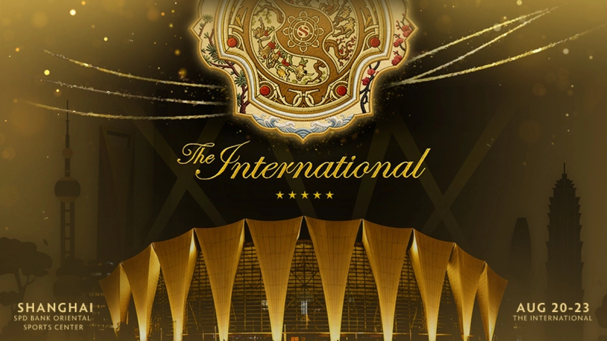 Arte oficial do The International 2026 com o troféu Aegis e o Oriental Sports Center, em Xangai.